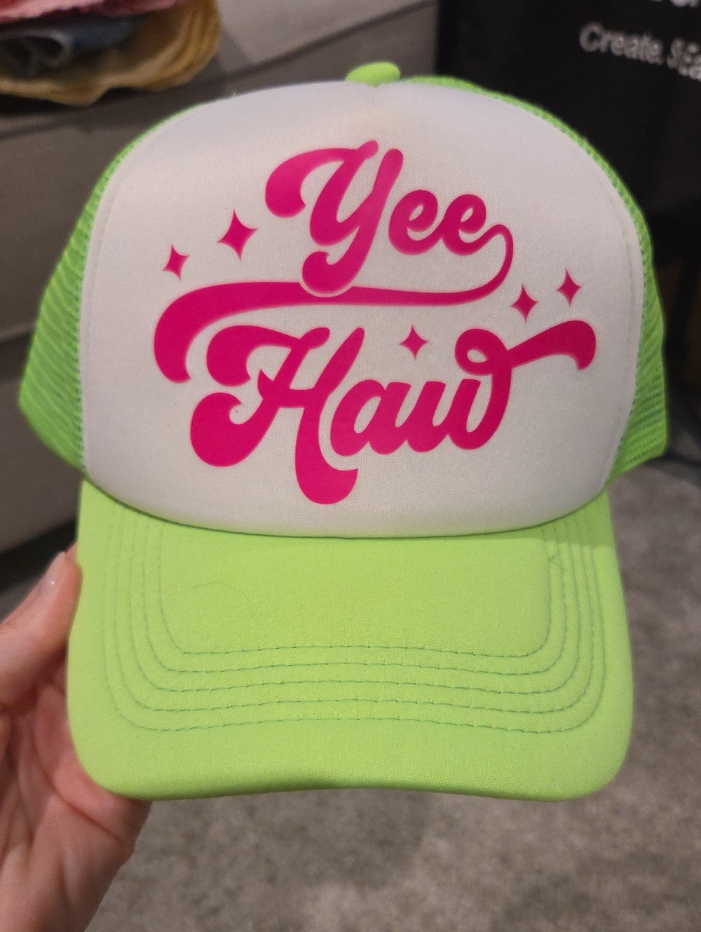 Neon Green "Yee Haw" Trucker Hat - Pink Script